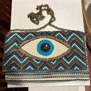 Beaded Eye-Pattern Crossbody Clutch - Turquoise/Gold
